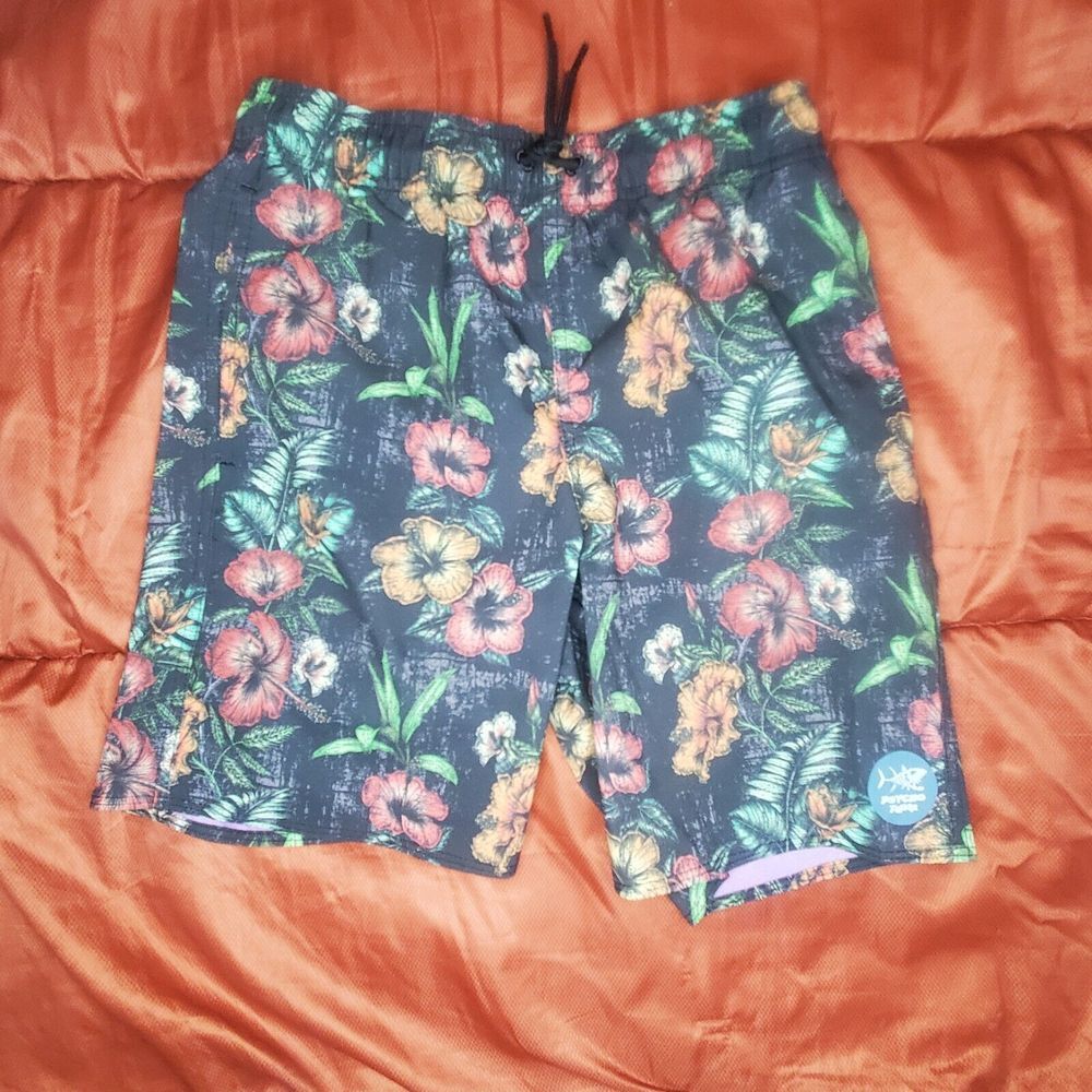 Psycho Tuna Swim Trunks Youth Medium 10-12 Board Shorts Hawaii Tropical‎ Flowers